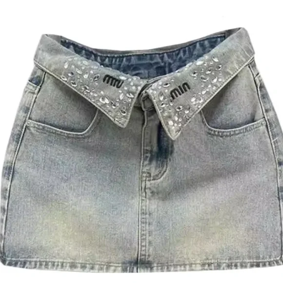 Miu Miu Light Blue Mini Skirt with Silver Rhinestones